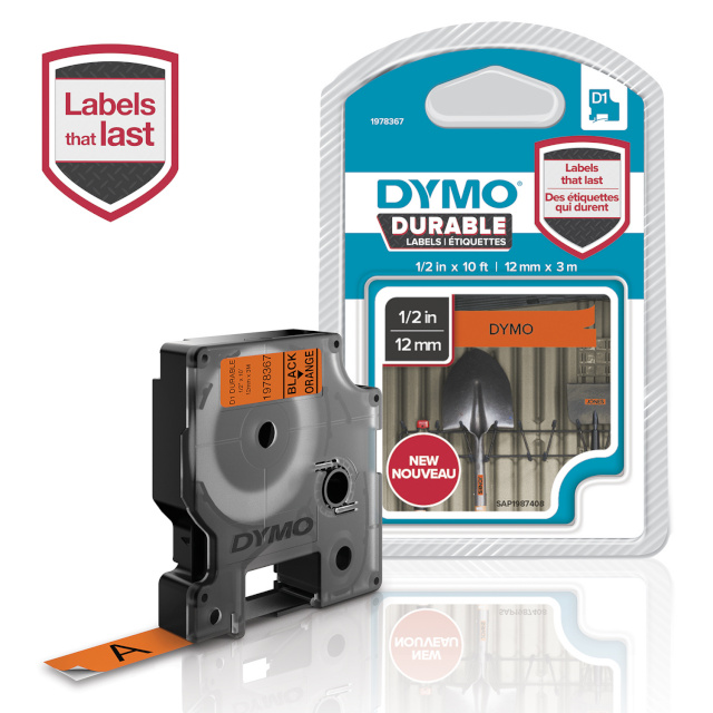 Dymo etiketiprinteri etiketid D1-Vinylband must/og 12mmx3m