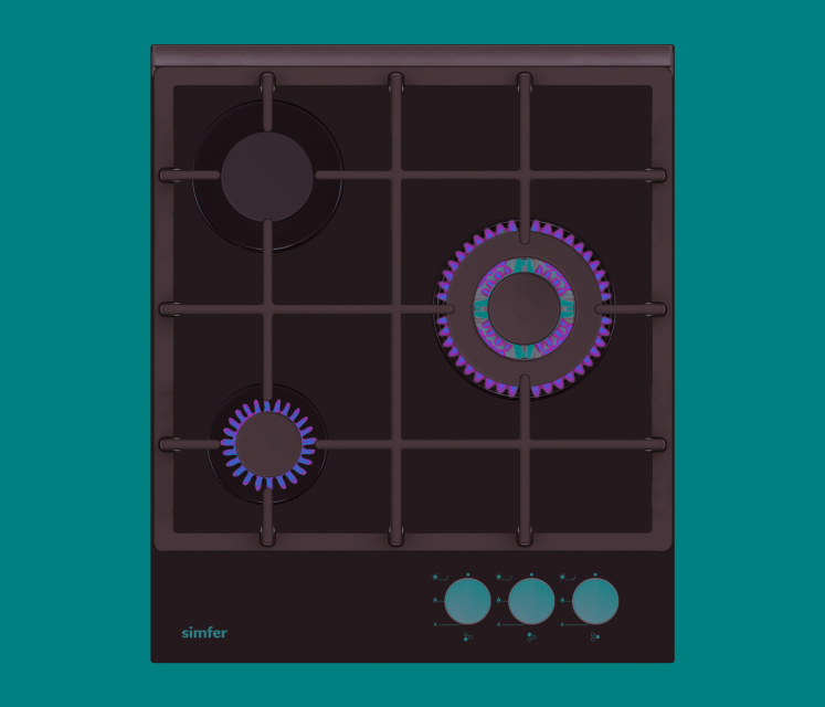 Simfer pliidiplaat Hob H4.305.HGSSP Gas on glass, Number of burners/cooking zones 3, Rotary painted inox knobs, must, 45 cm