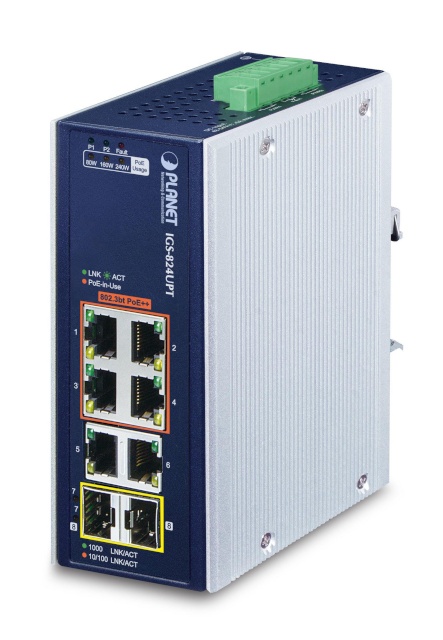 Planet switch IP30 Industrial 4-Port Power over Ethernet (PoE) sinine, valge