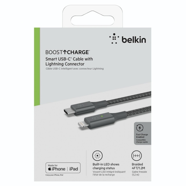Belkin Smart LED kaabel hall 1,2m USB-C / Lightning CAA006bt04GR