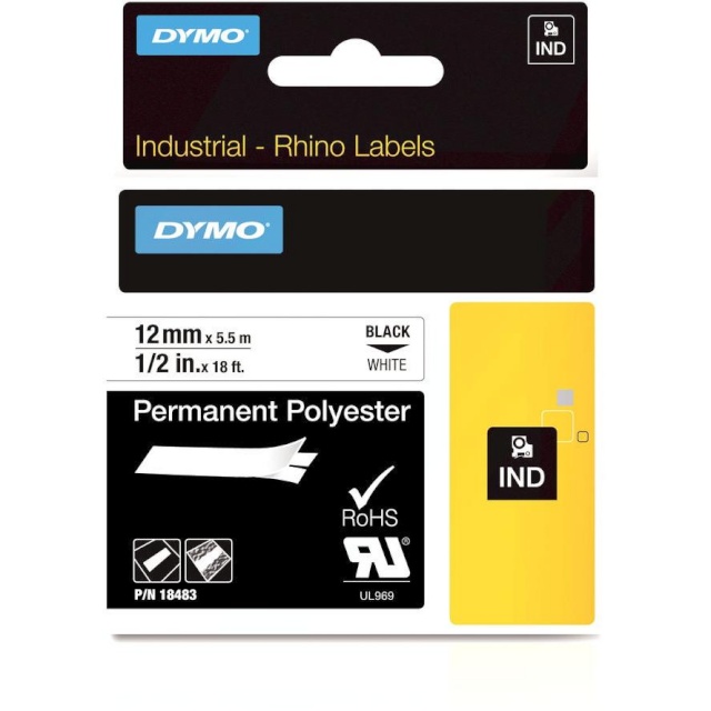 Dymo etiketiprinteri etiketid Rhino Labels 12mm x 5,5m, valge/must