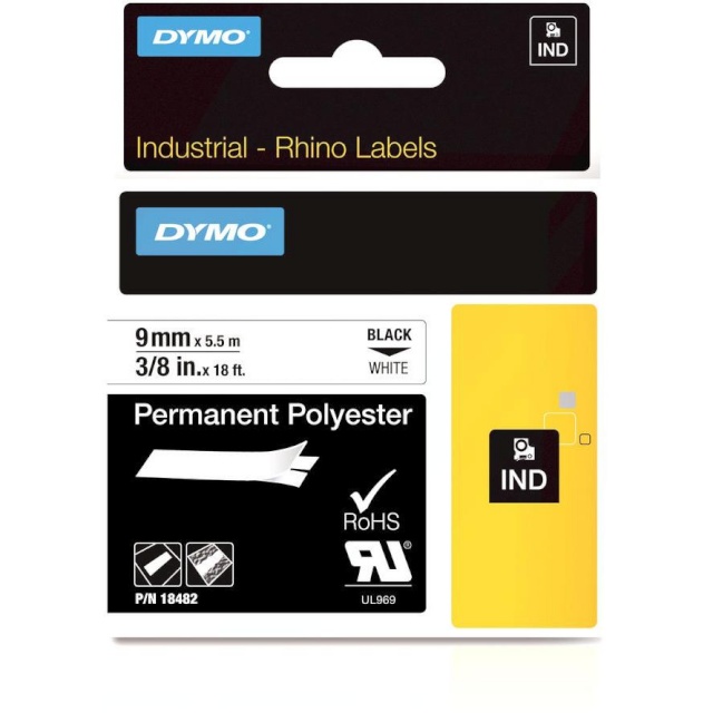 Dymo etiketiprinteri etiketid Rhino Labels Permanent Polyester 9mm x 5,5m, valge/must