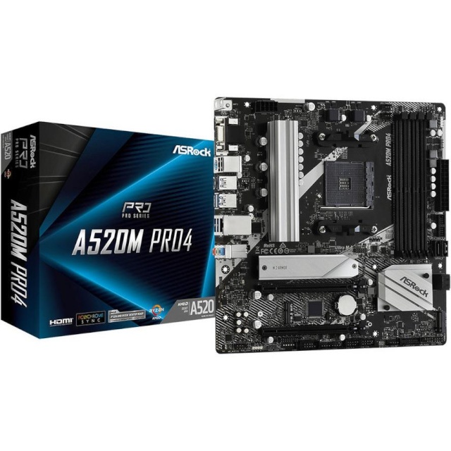 ASRock emaplaat A520M Pro4 AMD AM4 DDR4 mATX, 90-MXBDU0-A0UAYZ