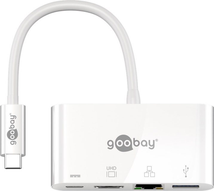 Goobay konverter USB-C (M) -> HDMI (F) 4K@30Hz, USB-C (PD kuni 60W), USB 3.0 + Ethernet 62105, valge