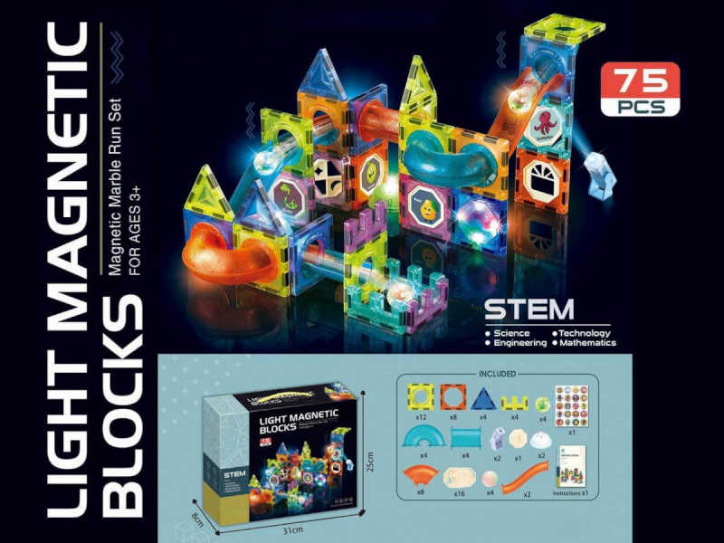 Madej magnetkonstruktor Light Magnetic Blocks - Magnetic Marble Run Set, 75 elementi