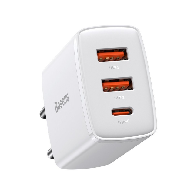 Baseus kiirlaadija Compact 2x USB, 1x USB-C PD 3A 30W, valge