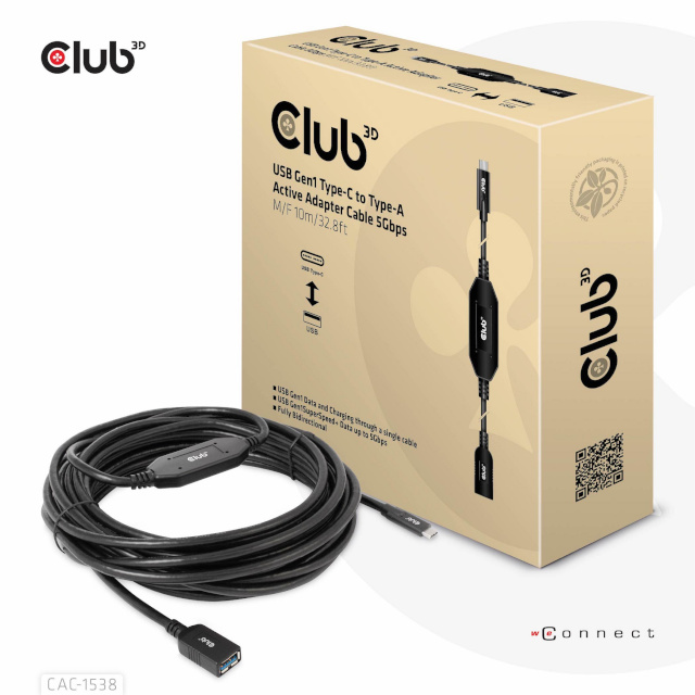 Club 3D kaabel CAC-1538 USB Gen1 USB-C to USB-A Active Adapter Cable 5Gbps M/F 10m