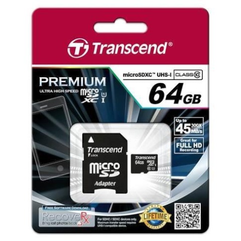 Transcend mälukaart microSDXC 64GB Class 10 UHS-I Premium + adapter