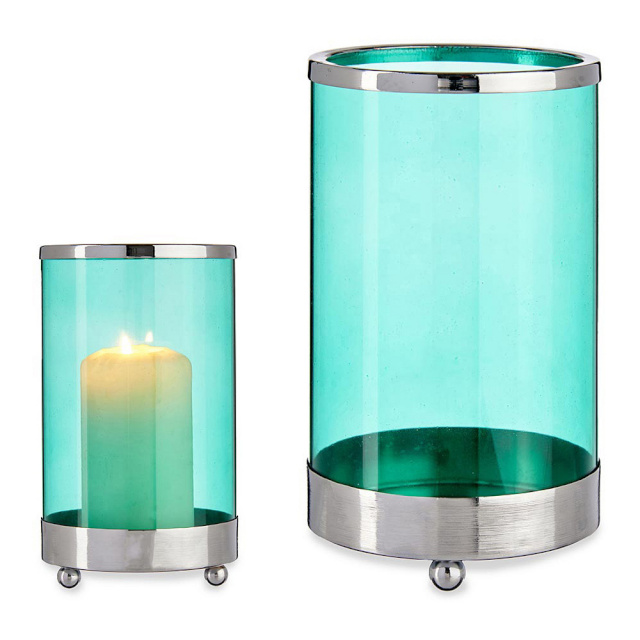 Gift Decor küünlahoidja Hõbedane sinine Silinder Metall Klaas (9,7x16,5x9,7cm)