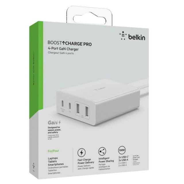 Belkin laadija Charger 4-Port GaN 108W, 2xUSB-C, 2xUSB-A