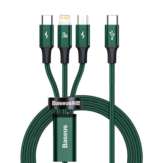 Baseus laadimiskaabel Rapid Series 3-in-1 cable USB-C For M+L+T 20W 1.5m roheline