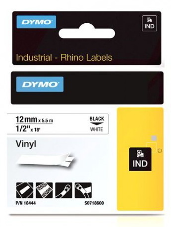 Dymo etiketiprinteri etiketid Rhino Label IND, Vinyl 12 mm x 5,5 m must/valge