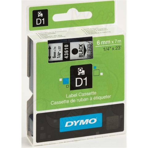 Dymo etiketiprinteri etiketid D1 6mm 43610 must/läbipaistev 