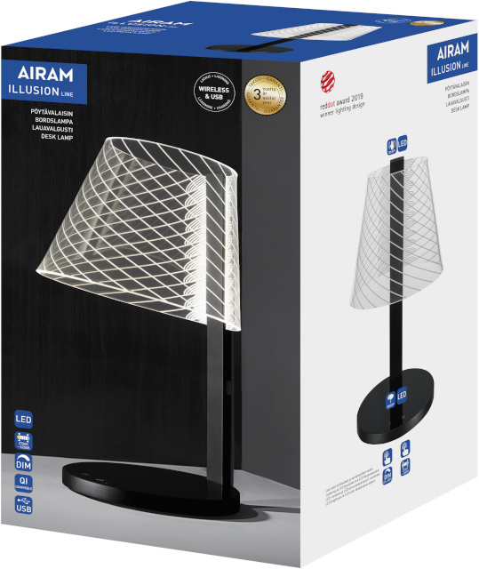 Airam laualamp Illusion Line LED 2700-5200K, 430lm, USB ja Qi laadimispistikud, must