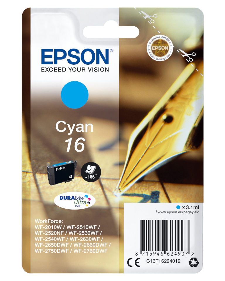 Epson tindikassett Ink No 16 Epson16 16 Cyan, tsüaan LC (C13T16224012)