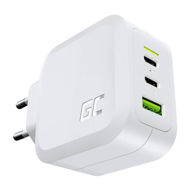 Green Cell Power charger roheline Cell GC PowerGaN 65W 2x USB-C Power Delivery, 1x USB-A compatible with Quick Charge 3.0 valge