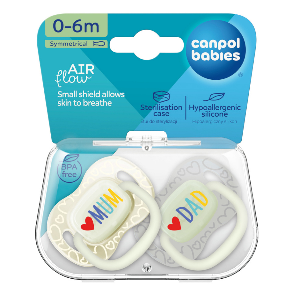 Canpol BABIES sümmeetriline silikoonist lutt LoveMum&Dad, 0-6m, 2 tk., 34/939
