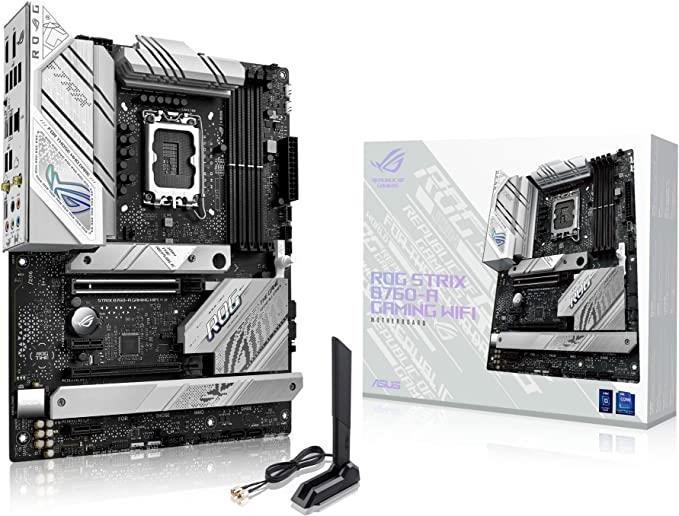 Asus emaplaat intel B760 Express LGA1700 ATX memory Ddr5 memory Slots 4 2xpci-express 3.0 1x 1xpci-express 3.0 16x 1xpci-express 5.0 16x 3xm.2 1xhdmi 1xdisplayport 4xusb 2.0 3xusb 3.2 2xusb-c 1xrj45 5xaudio Port strixb760-agamingwifi