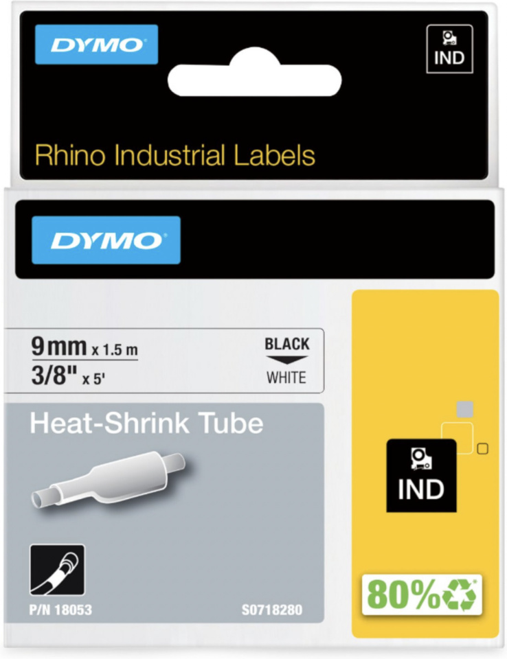 Dymo Rhino Industrial toru etikett 9 mm x 2,5 m, valge põhi / must tekst