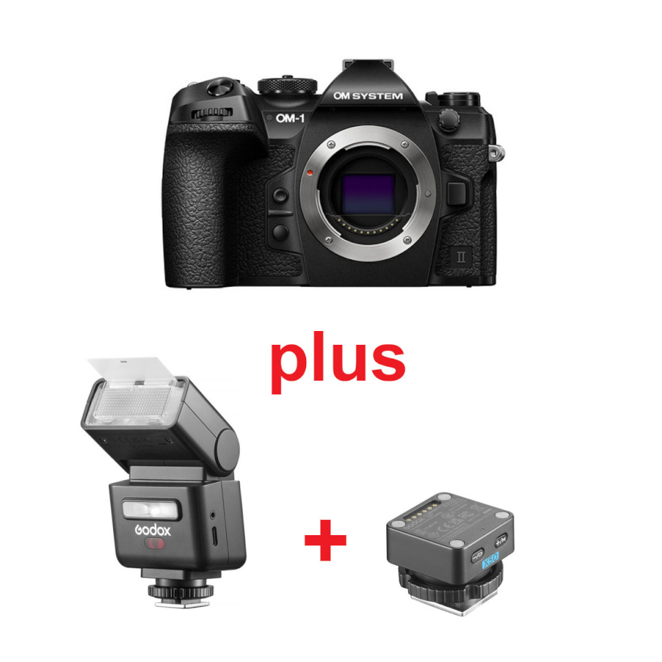 OM System OM-1 II korpus ja Godox iT32 välklamp ning Godox X5 O välgupäästik