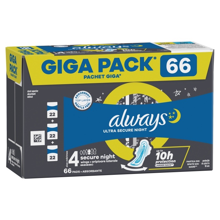 Always hügieenisidemed Ultra Secure Night, Size 4, 66tk