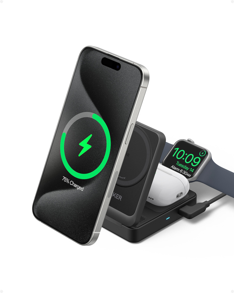 Anker MagGo Magnetic Wireless Charger (Qi 2.0, 15W), Foldable 3-in-1 with Charger Bundle, must | Anker