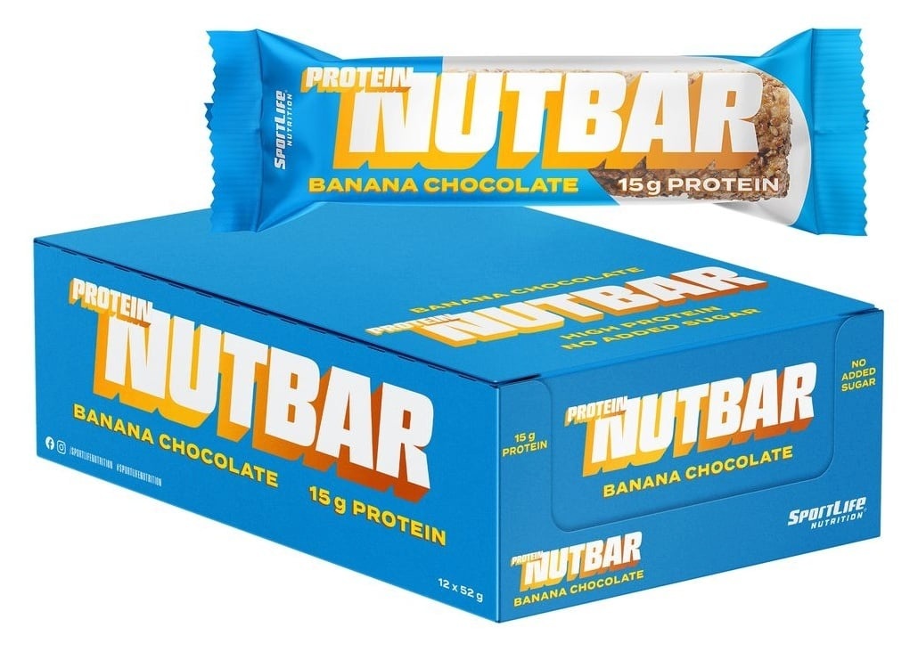 SportLife valgubatoon Protein Nutbar banaani-šokolaadi maitsega, 52 g, 12 tk pakis