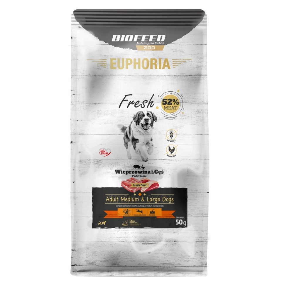 Biofeed kuivtoit koerale EUPHORIA Fresh Adult Pork with Goose M/L, 50g