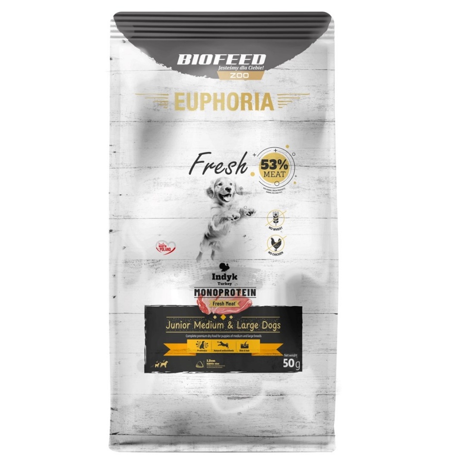 Biofeed kuivtoit koerale EUPHORIA Fresh Junior Monoprotein Turkey M/L, 50g