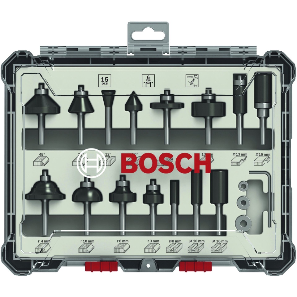 Bosch 15-osaline puiduotsakute komplekt for 6mm Shank Router