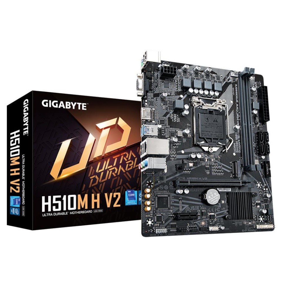 Gigabyte emaplaat intel Q470 Express LGA1200 micro-ATX memory Ddr4 memory Slots 2 1xpci-express 3.0 1x 1xpci-express 3.0 16x 1xm.2 1x15pin D-sub 1xhdmi 4xusb 2.0 2xusb 3.2 2xps/2 1xrj45 3xaudio Port h510mhv22.0