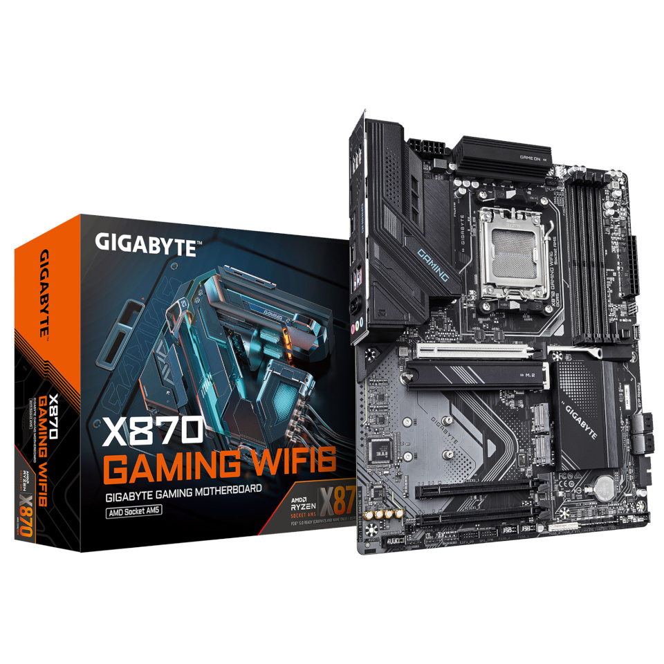 Gigabyte emaplaat AMD X870 sam5 ATX memory Ddr5 memory Slots 4 3xPSIe 16x 2xm.2 1xhdmi 1xaudio-in 1xaudio-out 1xmicrophone 4xusb 3.2 2xusb-c 1xrj45 x870gamingwf6