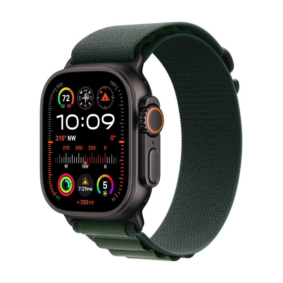Apple Watch Ultra 2 (GPS + Cellular) 49mm must titaanist korpus tumerohelise Alpine Bandiga, väike (MX4Q3)