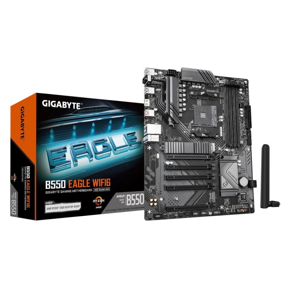 Gigabyte emaplaat AMD B550 AM4 ATX memory DDR4 memory Slots 4 4xPSIe 1x 1xPSIe 16x 2xm.2 1xhdmi 1xaudio-in 1xaudio-out 1xmicrophone 4xusb 2.0 3xusb 3.2 1xusb-c 1xrj45 b550eaglewifi61.0
