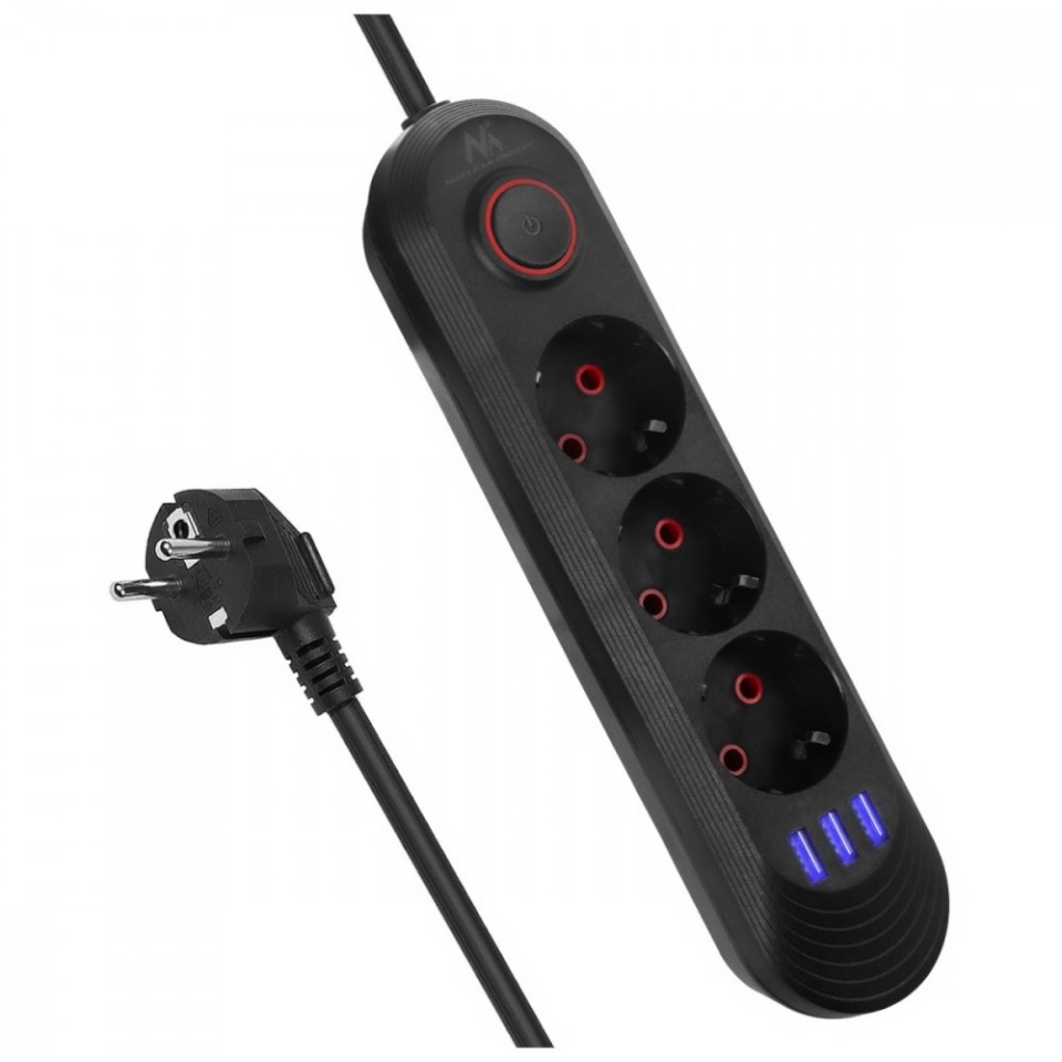 Maclean pikendusjuhe Power strip MCE394 B, 1.5m, 3 sockets + 2xUSB, 110-240V AC 50/60Hz, 2.1A max 2500W, must