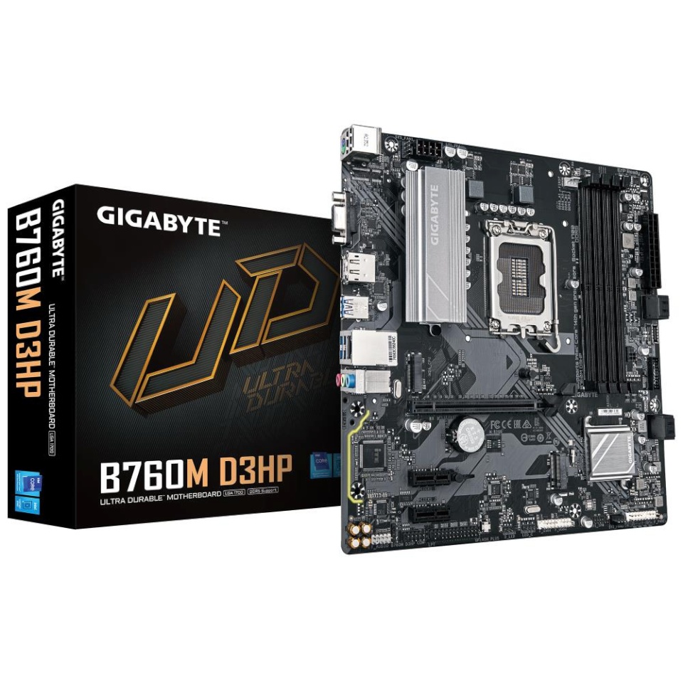 Gigabyte emaplaat intel B760 Express LGA1700 micro-ATX memory Ddr5 memory Slots 4 2xpci-express 3.0 1x 1xpci-express 4.0 16x 2xm.2 1x15pin D-sub 1xhdmi 1xdisplayport 2xusb 2.0 5xusb 3.2 1xusb-c 1xps/2 1xrj45 3xaudio Port b760md3hp1.0