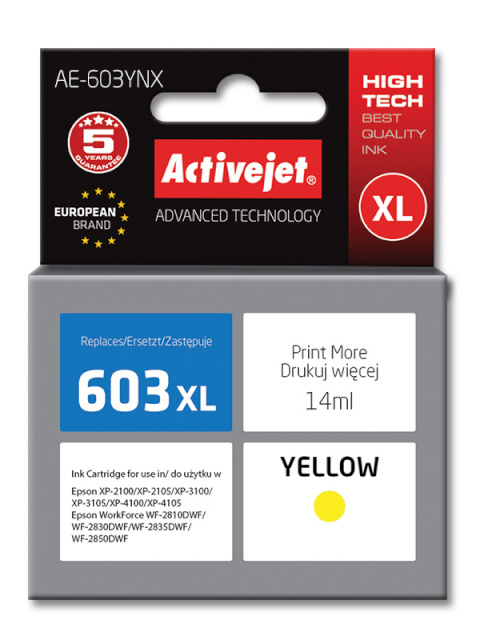 Activejet tindikassett AE-603YNX, Ink for Epson(603XL T03A44), Supreme, 14 ml, kollane