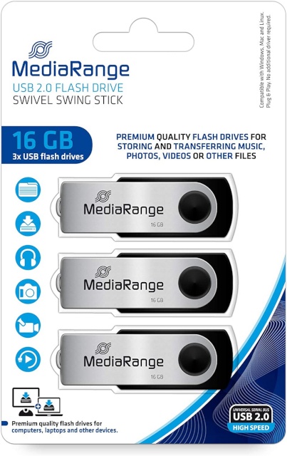 MediaRange mälupulk MR910-3, USB-Stick 3x16GB, USB 2.0, Flexi, hõbedane/must