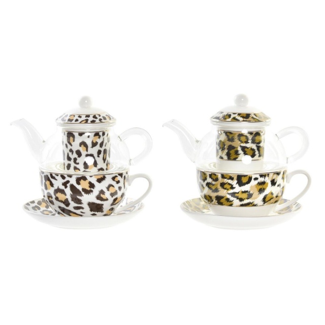 DKD Home Decor Teekann Leopard Kristall Portselan pruun läbipaistev valge (2tk)