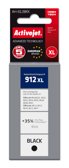 Activejet tindikassett AH-912BRX, Ink for HP printers, HP 912XL 3YL84AE, Premium, 1100 pages, must