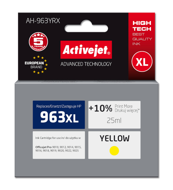 Activejet tindikassett AH-963YRX, Ink for HP printers, HP 963XL 3JA29AE, Premium, 1760 pages, kollane