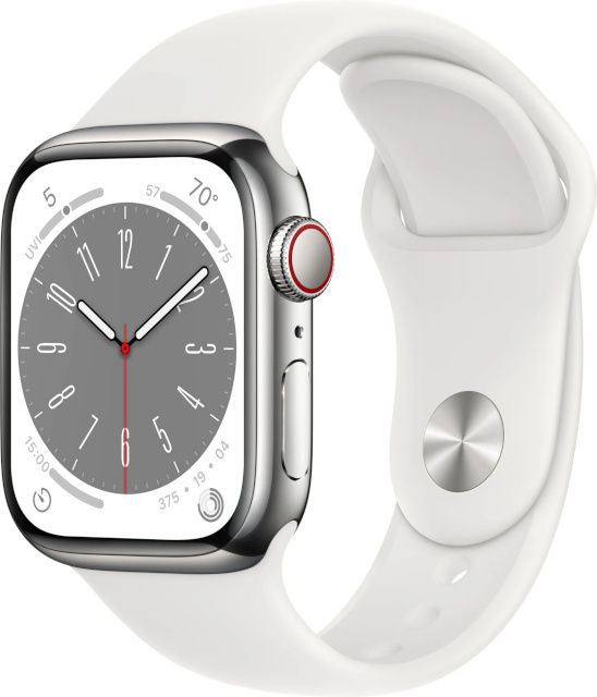 Apple Watch Series 8 GPS + Cellular 41mm Silver Stainless Steel Case with White Sport Band - Regular
