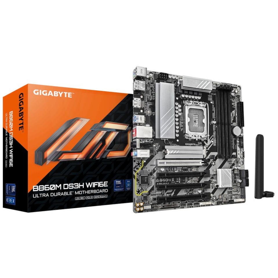 Gigabyte emaplaat intel B860 Express LGA1851 micro-ATX memory Ddr5 memory Slots 4 4xpci-express 4.0 16x 1xpci-express 5.0 16x 2xm.2 1xhdmi 2xdisplayport 1xaudio-in 1xaudio-out 1xmicrophone 3xusb 2.0 1xusb-c 1xps/2 1xrj45 b860mds3hwifi6e1.0