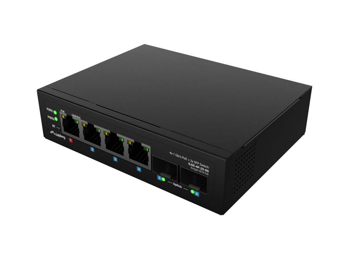 Lanberg switch Lanberg Light IndustrialPoE 1xBT 3xAT 2xSFP Din Unmanagment Gigabit Ethernet | ILGE-4P-2S-90 | Unmanaged