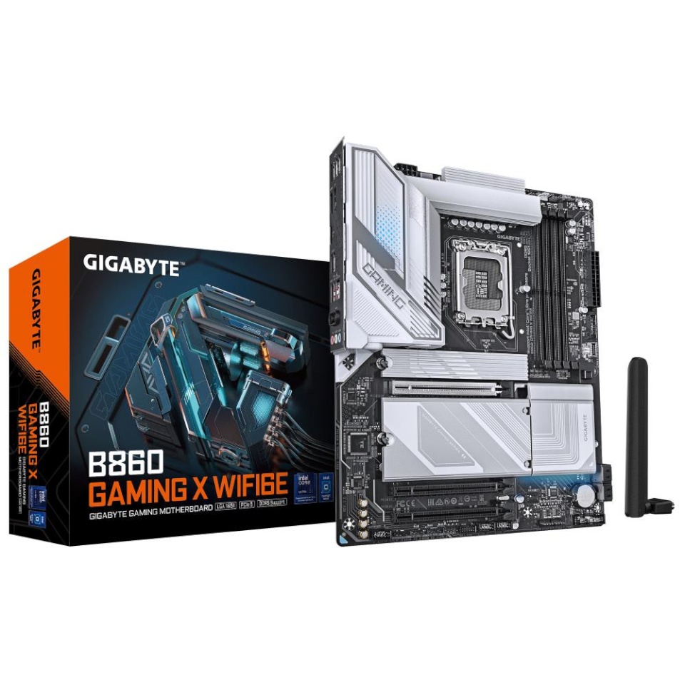 Gigabyte emaplaat intel B860 Express LGA1851 ATX memory Ddr5 memory Slots 4 1xpci-express 16x 2xm.2 1xhdmi 1xdisplayport 1xaudio-in 1xaudio-out 1xmicrophone 5xusb 2.0 3xusb 3.2 1xusb-c 1xrj45 b860gamingxwifi6e1.0