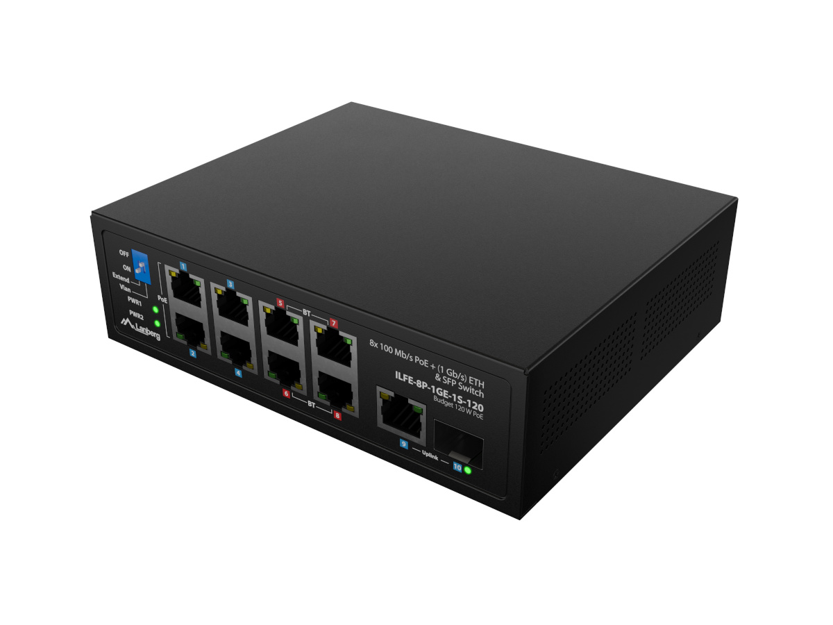 Lanberg switch Lanberg PoE 4xBT 4xAT SFP/ETH Din Unmanagment Fast Ethernet | ILFE-8P-1GE-1S-120 | Unmanaged | Din rail, Rack