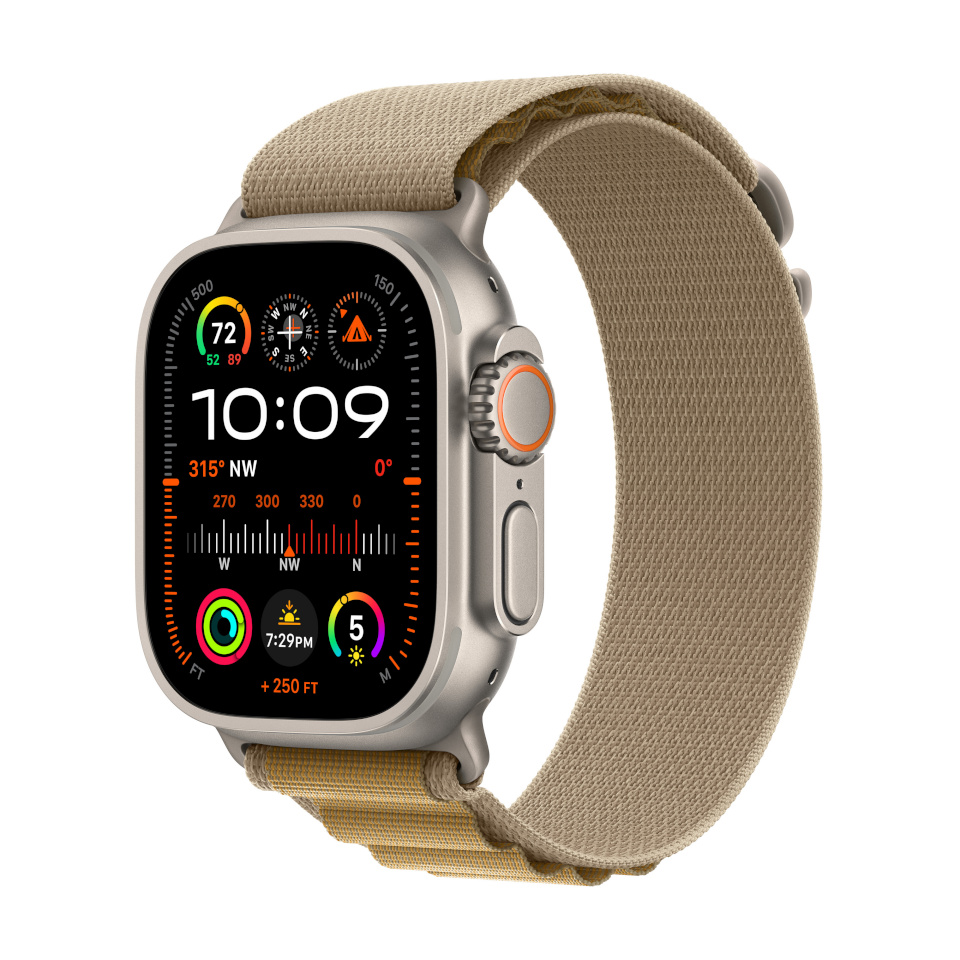 Apple Watch Ultra 2 (GPS + Cellular) 49 mm helepruun titaaniumümbris Sahara Alpine rihmaga, väike (MX4E3)