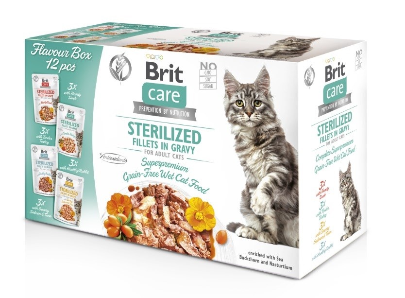 Brit kassitoit Care Cat Sterilized Flavor Box Pouch, 12x85g