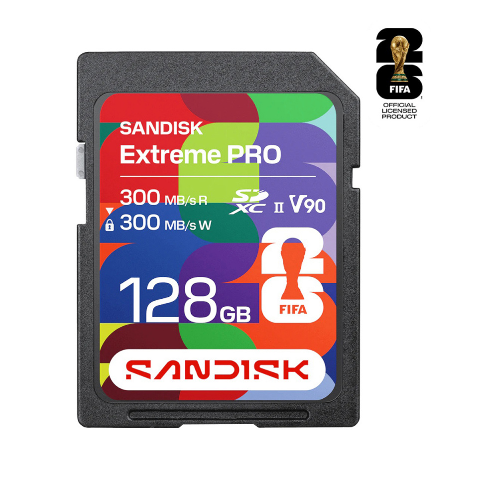 SanDisk 128GB SDXC FIFA maailmameistrivõistlused 2026 (300/300MB/s, V90, UHS-II, 8K)