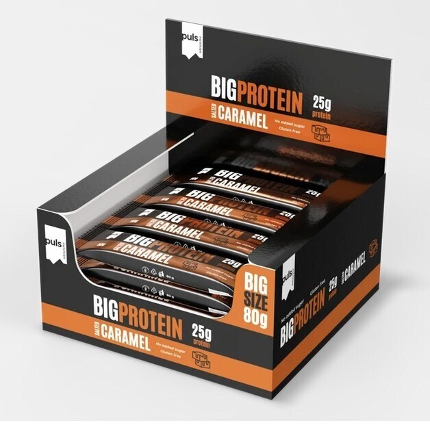 Puls Nutrition proteiinibatoon Big Protein soolatud karamelli maitsega, 80 g, 12 tk pakis